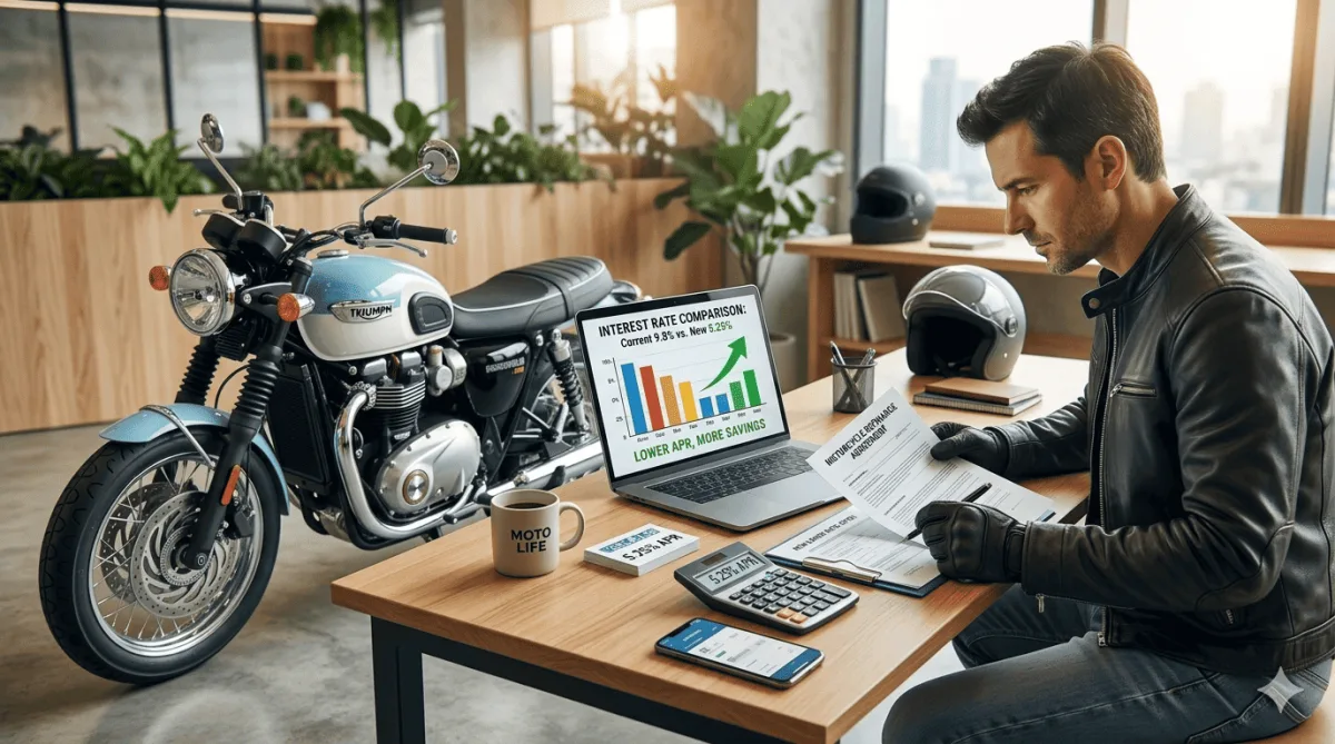 motorcycle refinance concept with bike loan paperwork