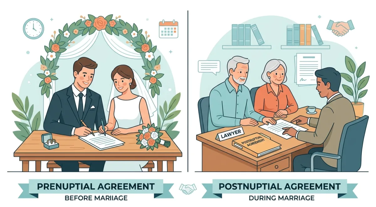 Prenup vs Postnup agreement comparison concept